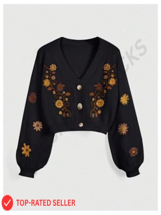 Floral Boho Cropped Cardigan Sweater Cottagecore Western Embroidery Button Down - Picture 5 of 5
